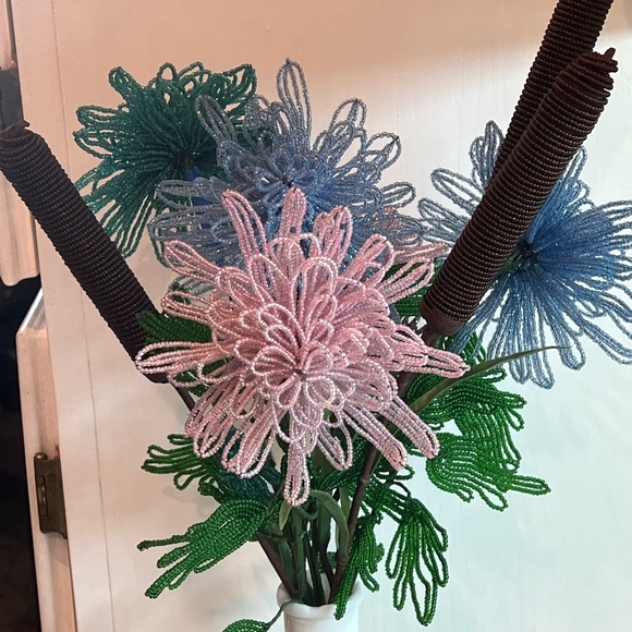 Vintage Antique French Beaded Flowers Floral arrangement bridal bouquet Cattails - Picture 6 of 15